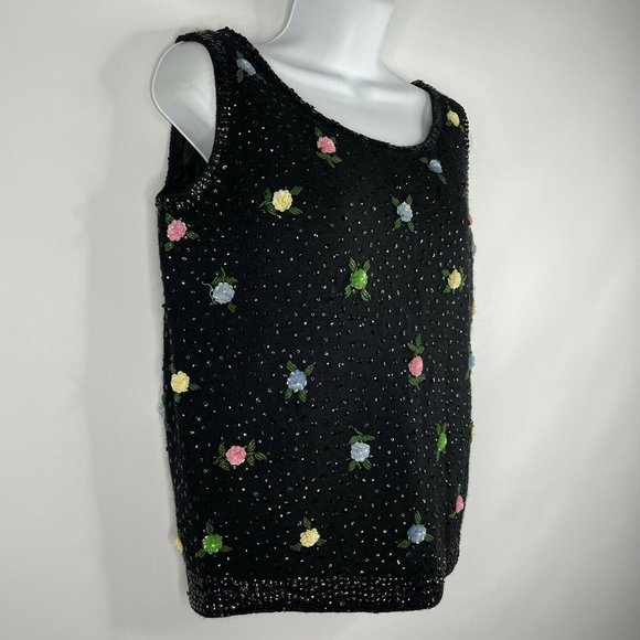 Vintage 50s Black Wool Angora Hand Beaded Sequined Rosettes Sleeveless S… - Picture 3 of 8